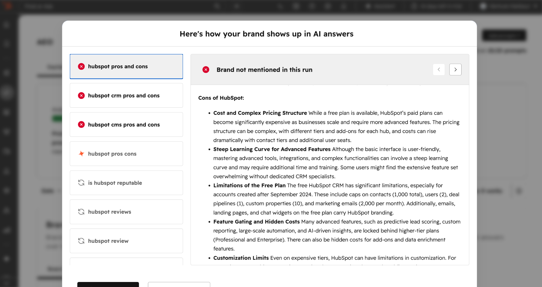 HubSpot AEO tool listing the cons of HubSpot, including complex pricing and feature gating