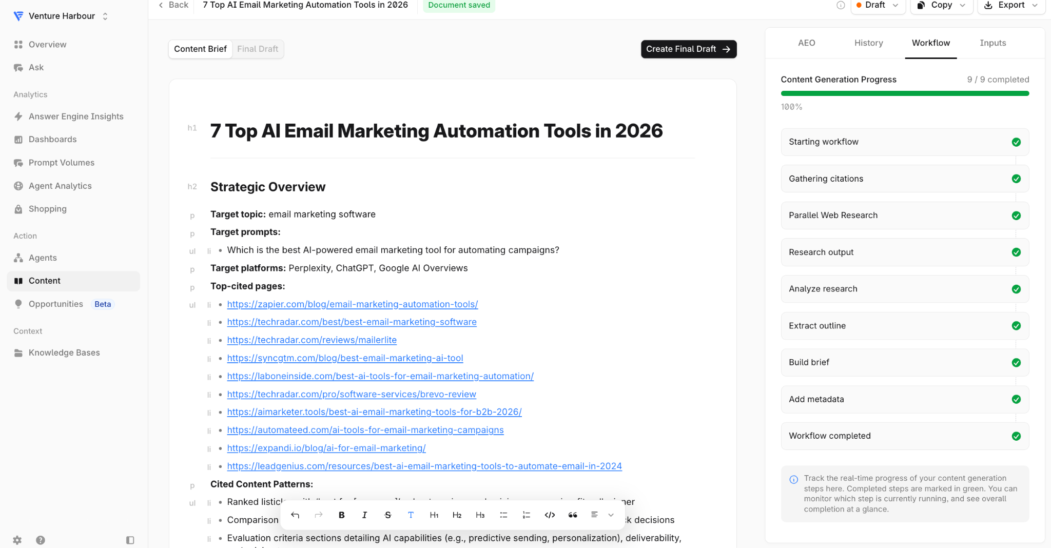 Profound content generation workflow showing nine completed steps